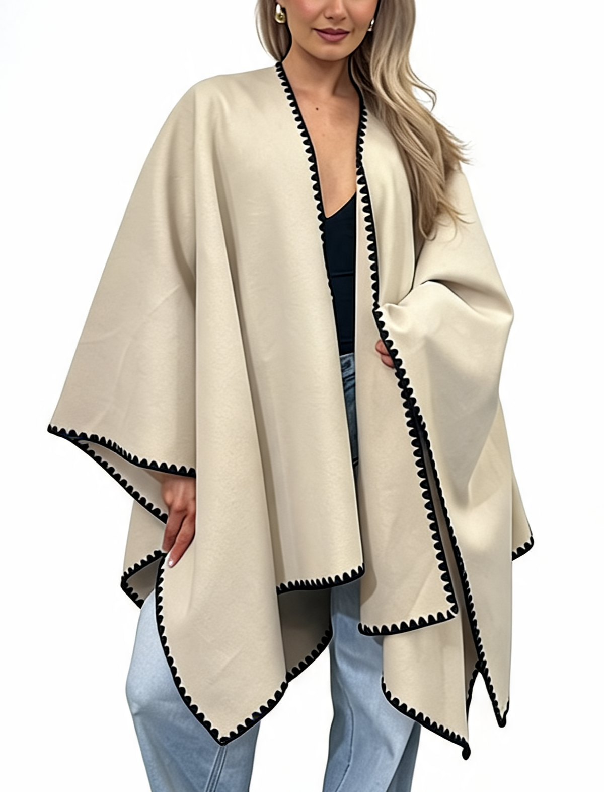 Open-Front Wrap Oversized Cosy Shawl with Contrast Whipstitch Edging