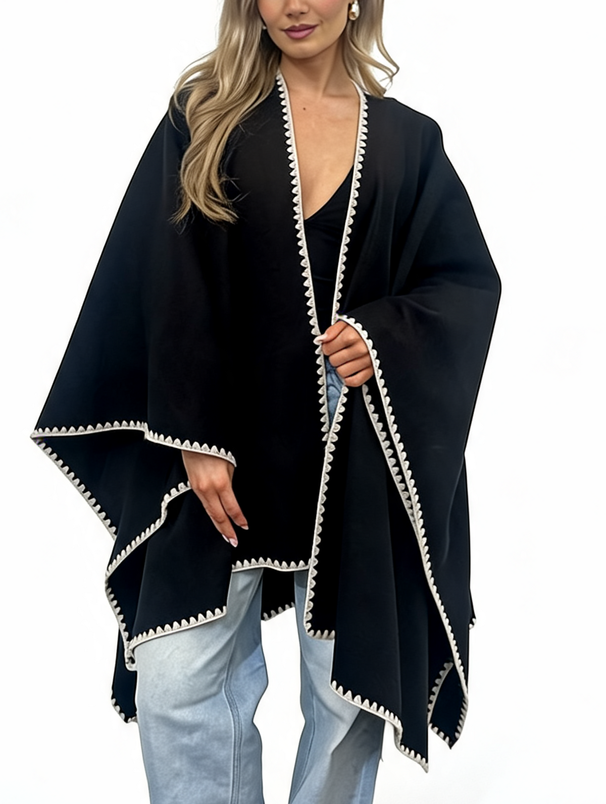 Open-Front Wrap Oversized Cosy Shawl with Contrast Whipstitch Edging
