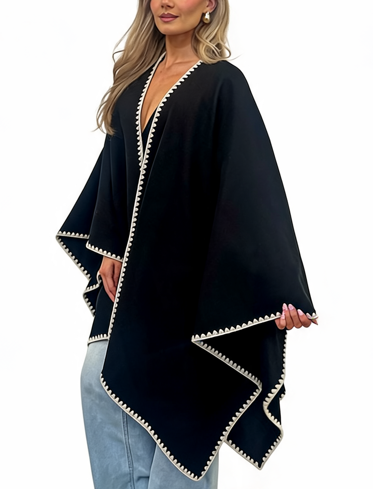 Open-Front Wrap Oversized Cosy Shawl with Contrast Whipstitch Edging