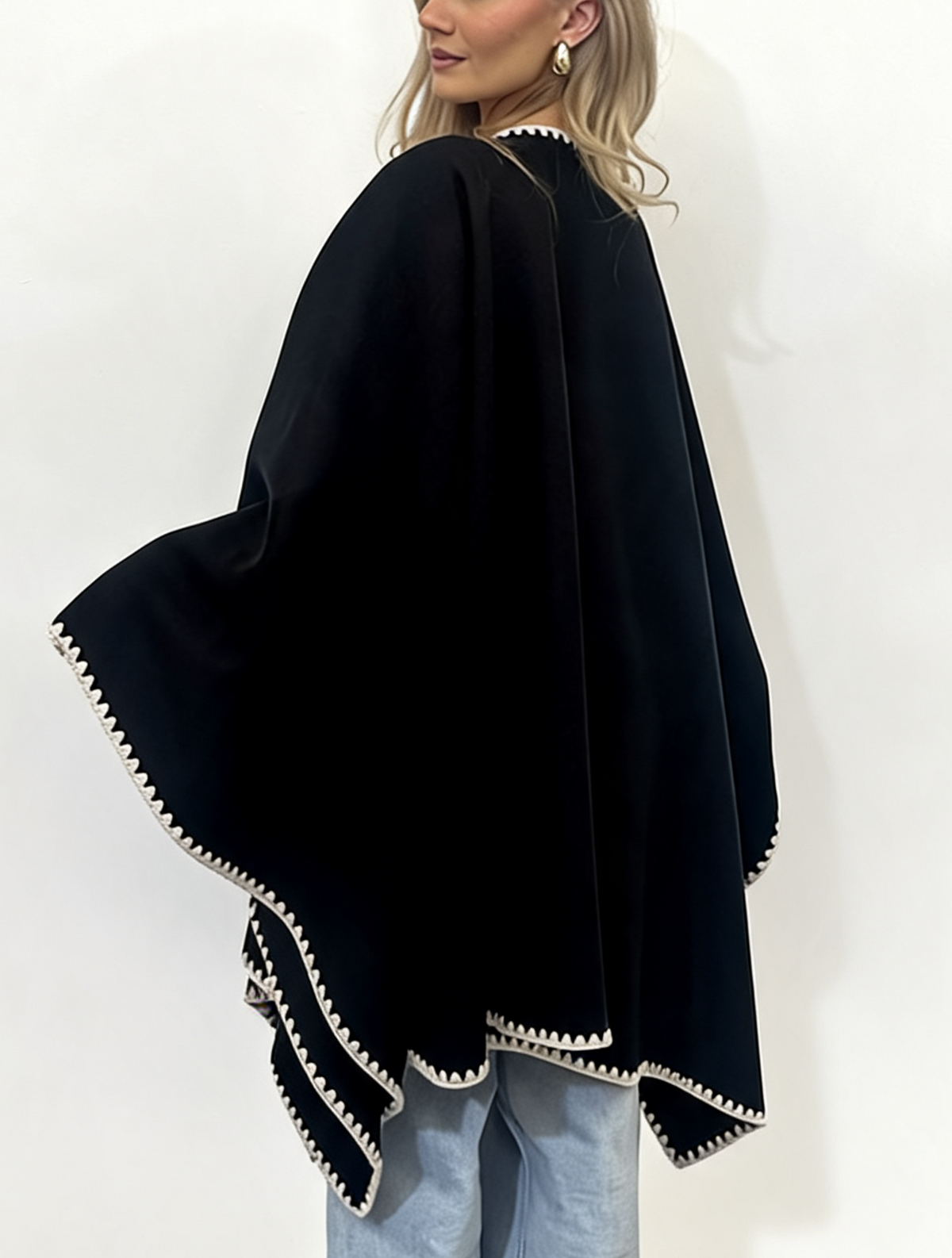 Open-Front Wrap Oversized Cosy Shawl with Contrast Whipstitch Edging