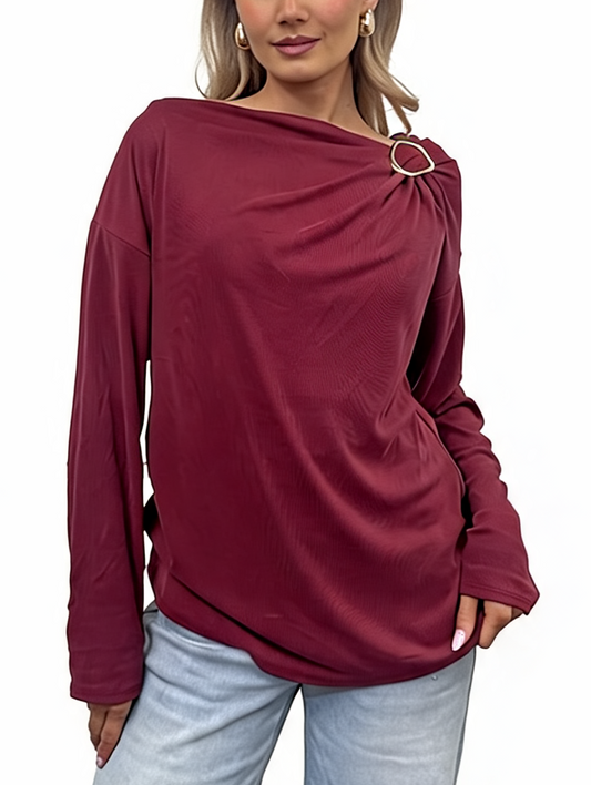 Asymmetric Draped Long Sleeve Top with Gold Ring Detail and Dropped Shoulders