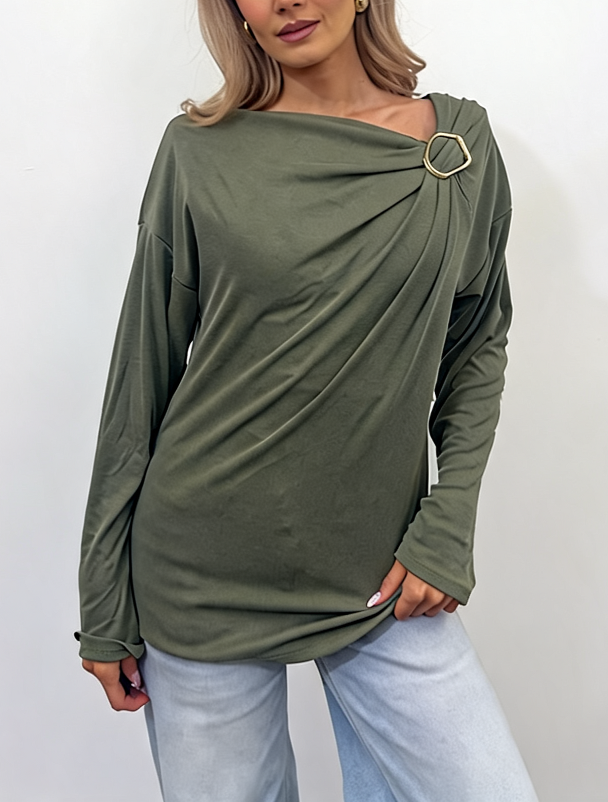Asymmetric Draped Long Sleeve Top with Gold Ring Detail and Dropped Shoulders