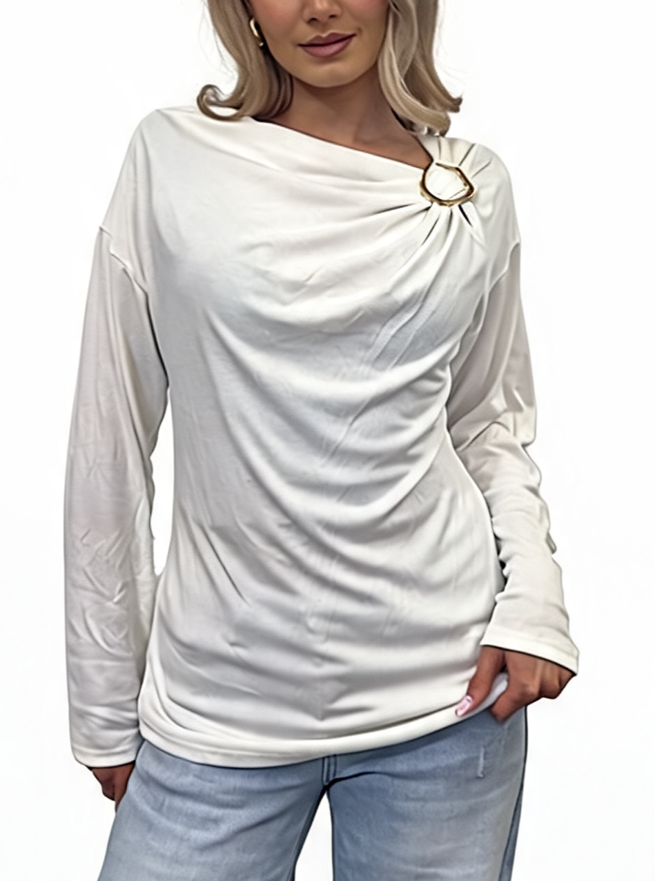 Asymmetric Draped Long Sleeve Top with Gold Ring Detail and Dropped Shoulders