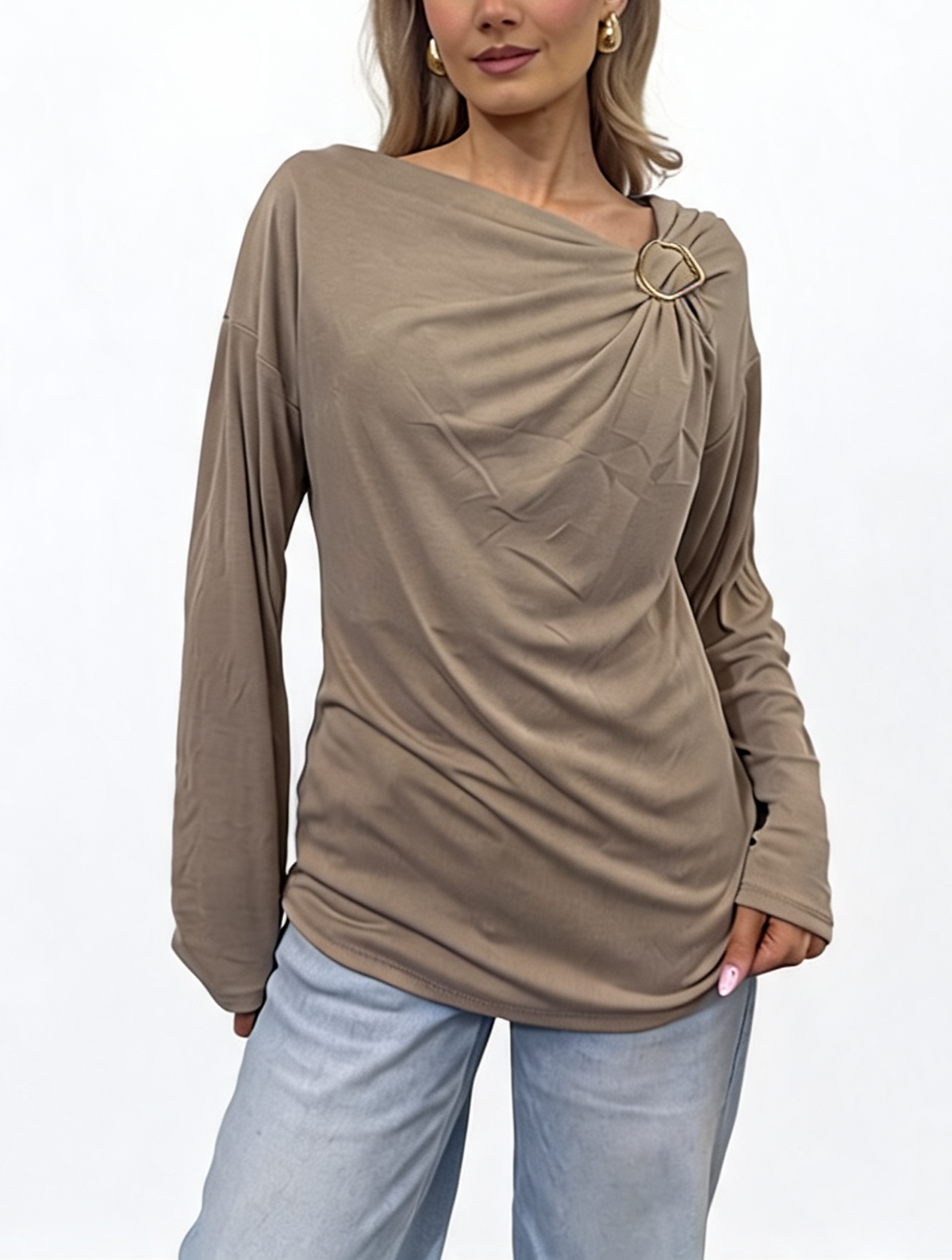 Asymmetric Draped Long Sleeve Top with Gold Ring Detail and Dropped Shoulders