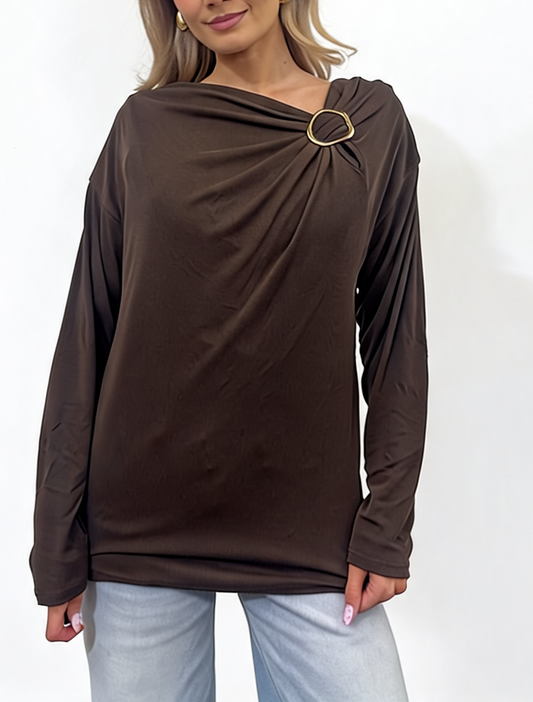 Asymmetric Draped Long Sleeve Top with Gold Ring Detail and Dropped Shoulders
