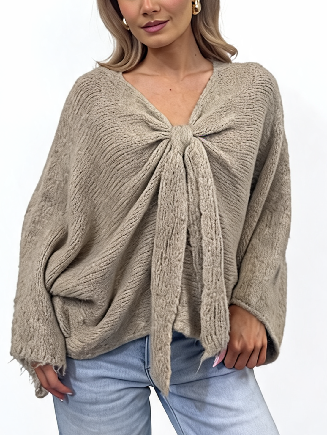 Oversized Tie-Front Knit Batwing Sleeve with Raw Frayed Cuffs Jumper