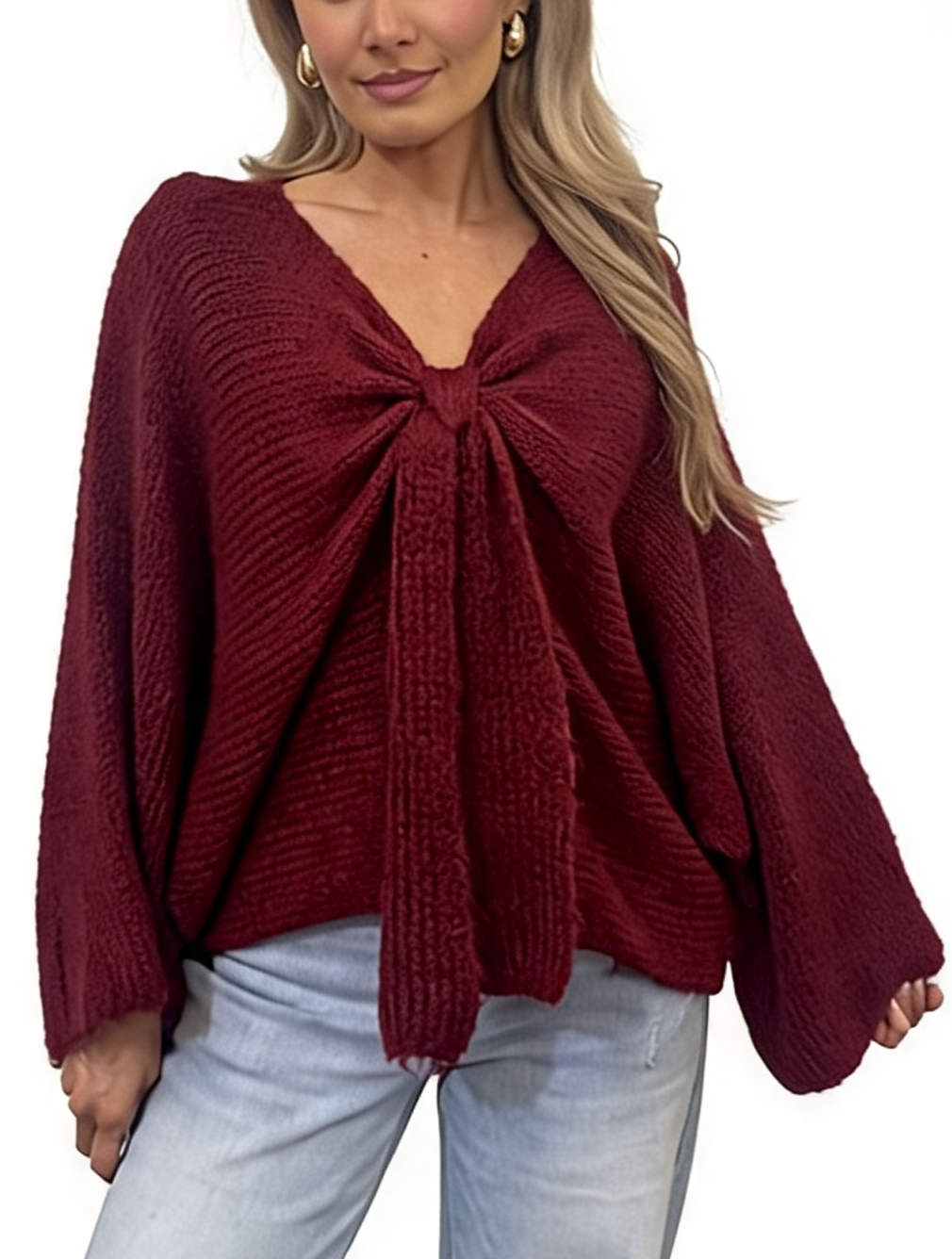 Oversized Tie-Front Knit Batwing Sleeve with Raw Frayed Cuffs Jumper