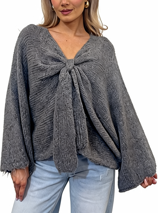 Oversized Tie-Front Knit Batwing Sleeve with Raw Frayed Cuffs Jumper