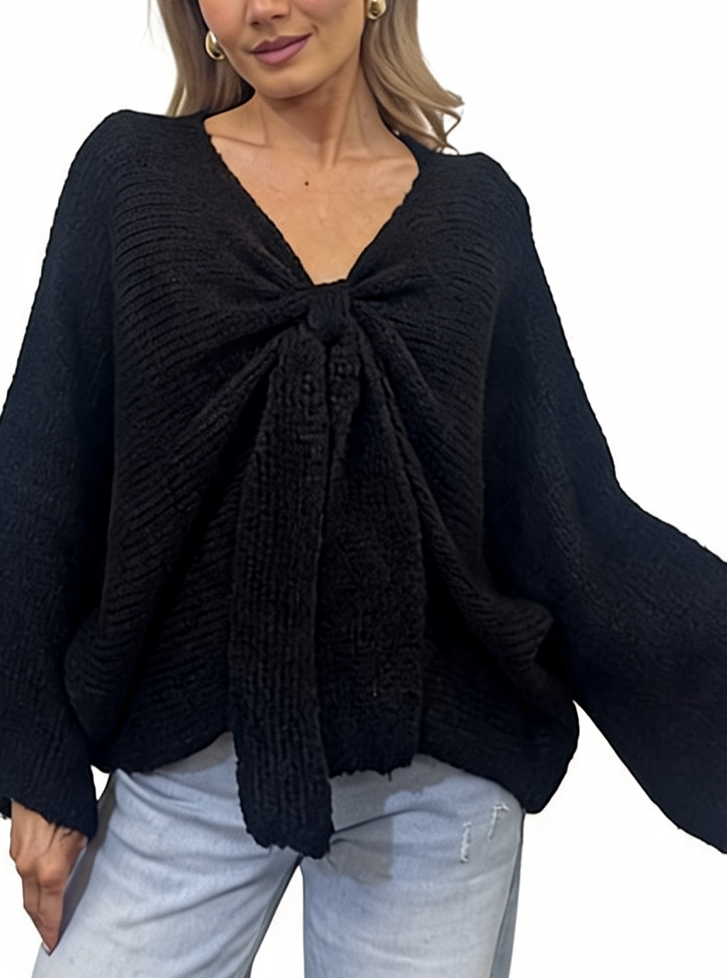 Oversized Tie-Front Knit Batwing Sleeve with Raw Frayed Cuffs Jumper