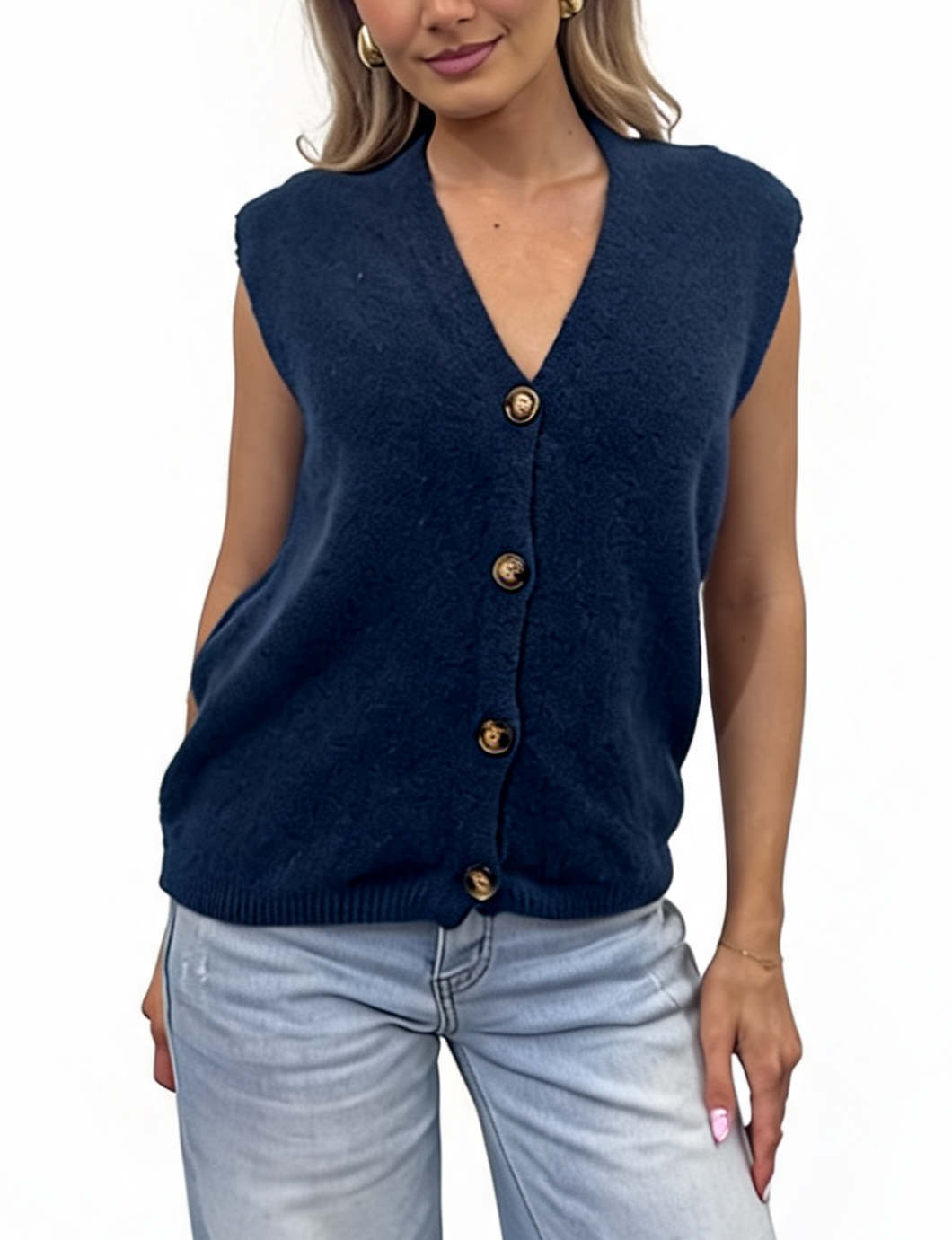 Button-Front Knit V-Neck Sleeveless Cardigan Top