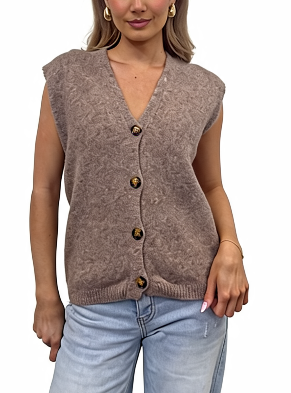 Button-Front Knit V-Neck Sleeveless Cardigan Top