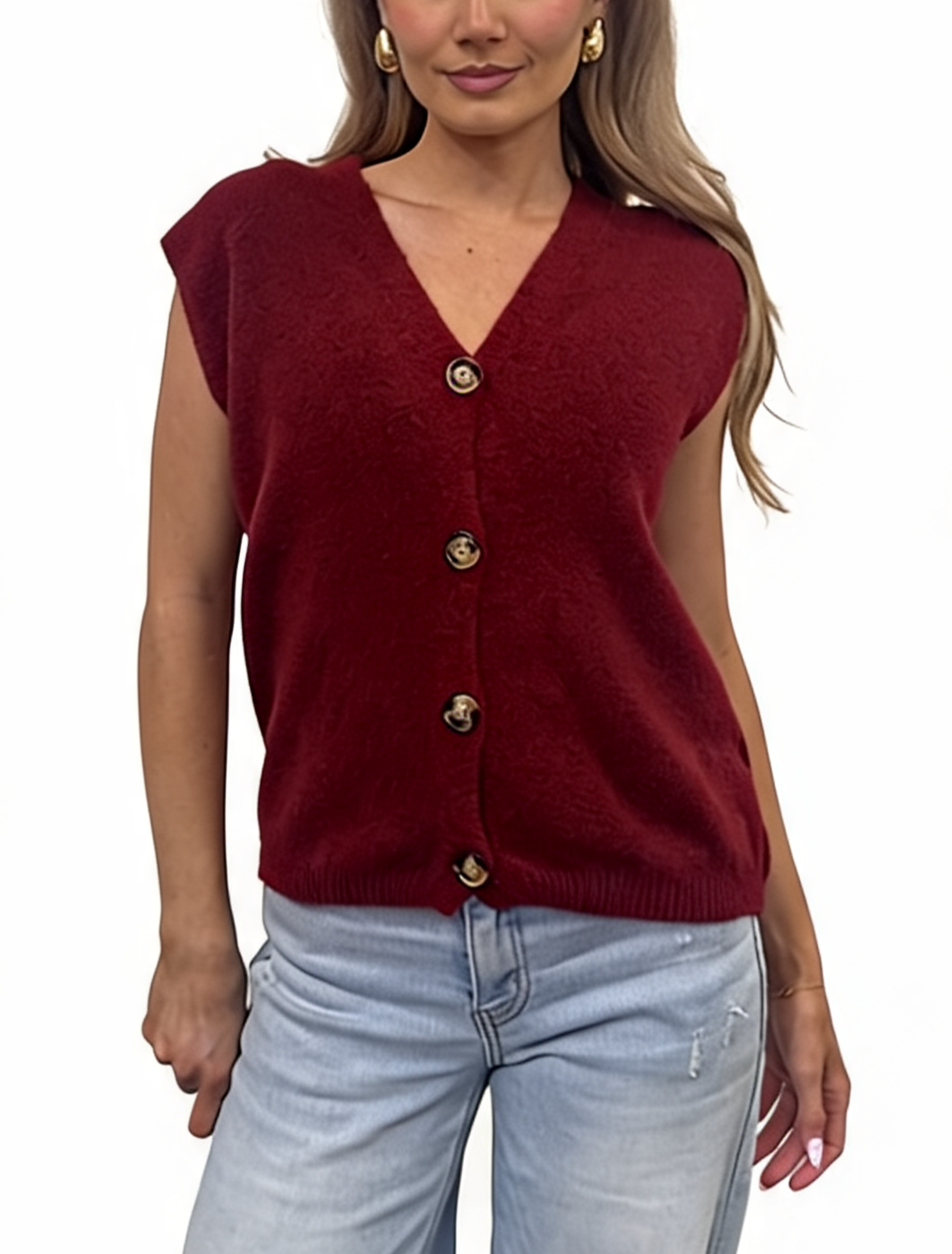 Button-Front Knit V-Neck Sleeveless Cardigan Top