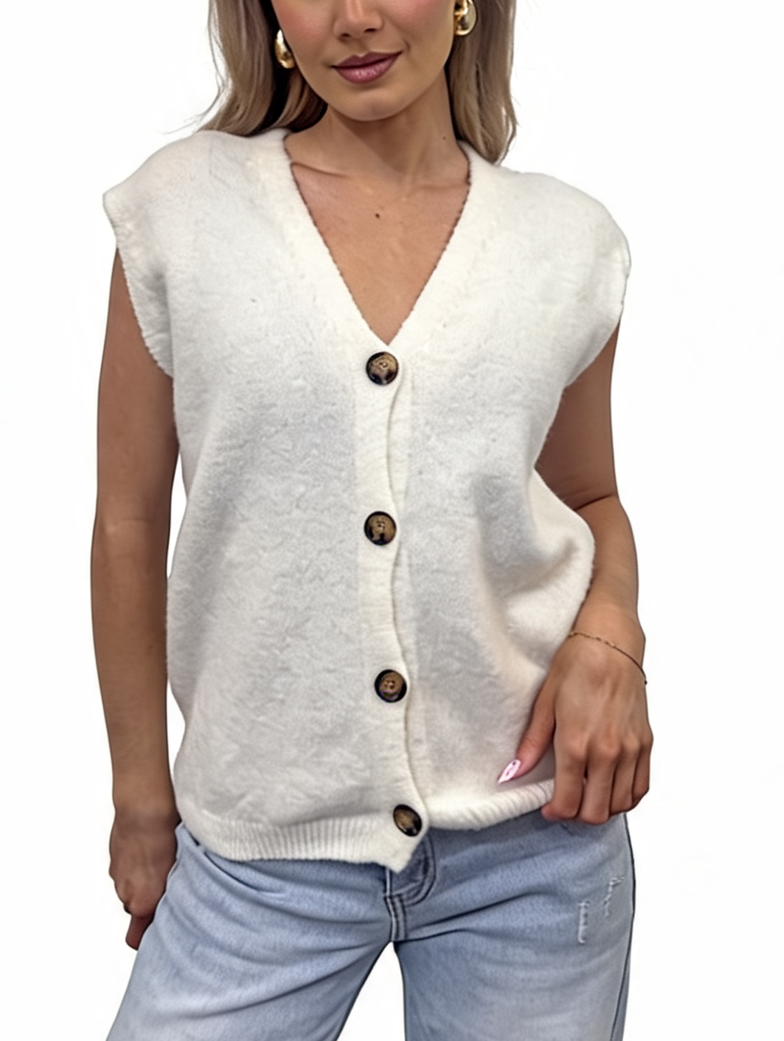 Button-Front Knit V-Neck Sleeveless Cardigan Top