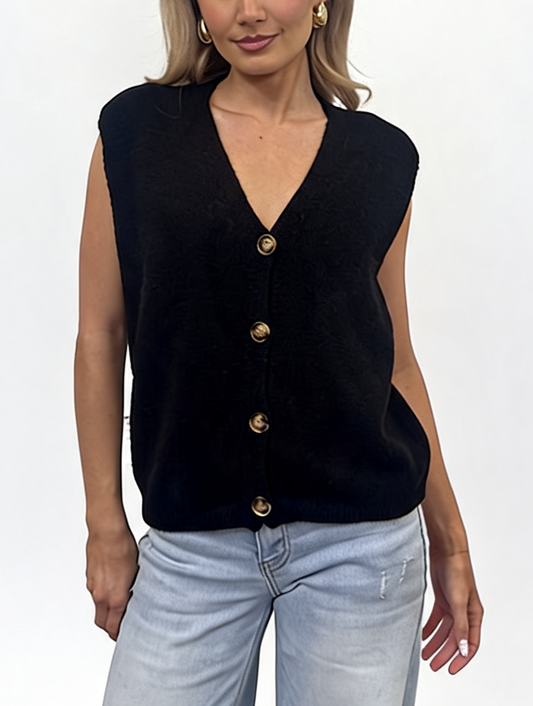 Button-Front Knit V-Neck Sleeveless Cardigan Top