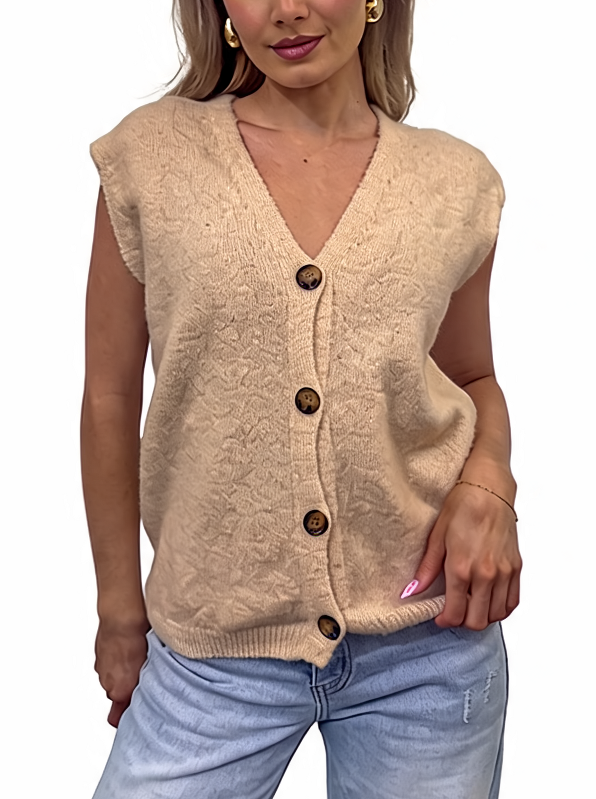 Button-Front Knit V-Neck Sleeveless Cardigan Top