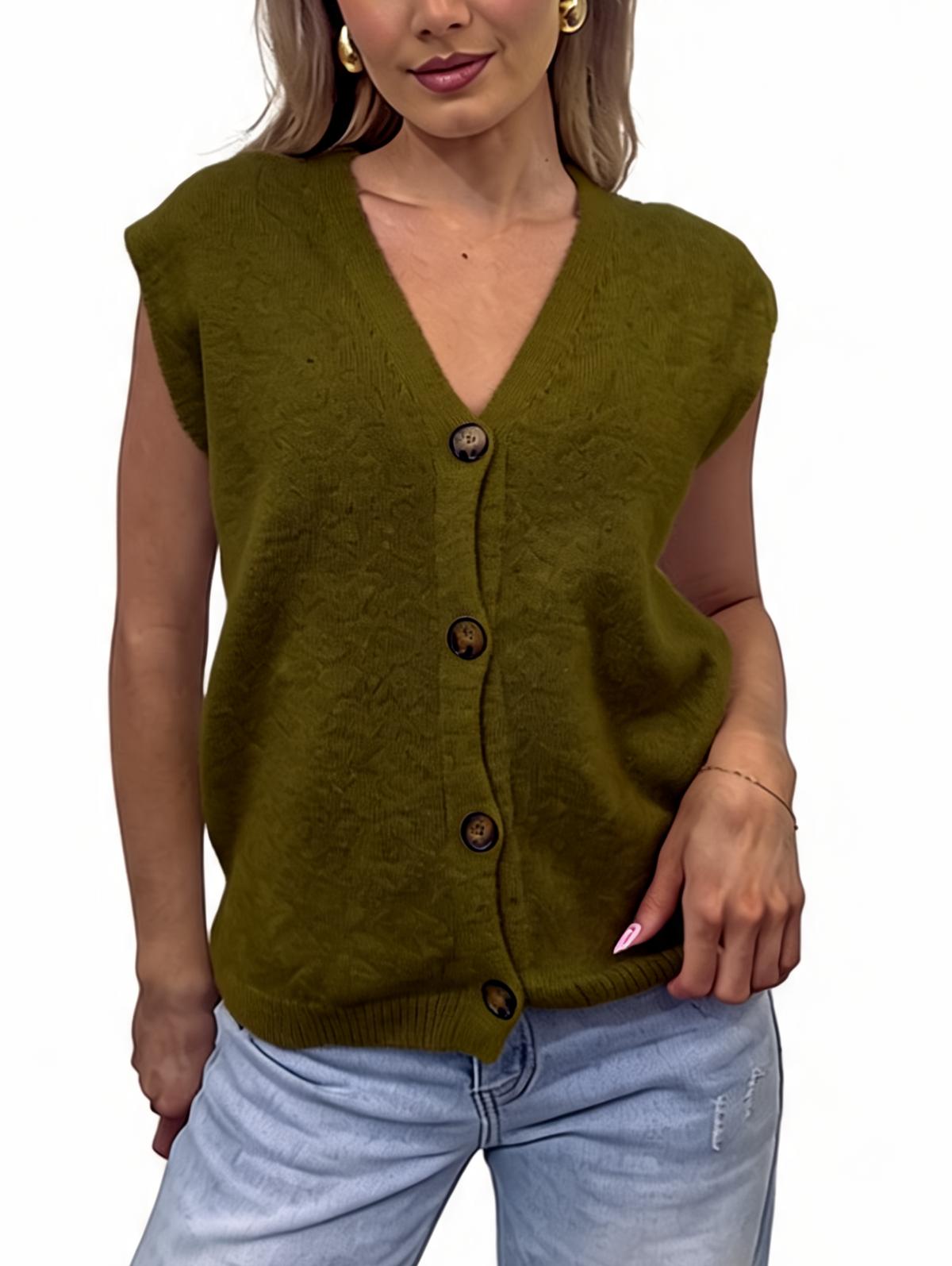 Button-Front Knit V-Neck Sleeveless Cardigan Top