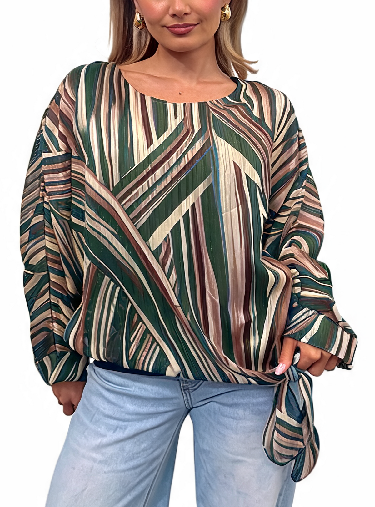 Multi-Stripe Print Tie-Front Long Sleeve Twist Hem Top