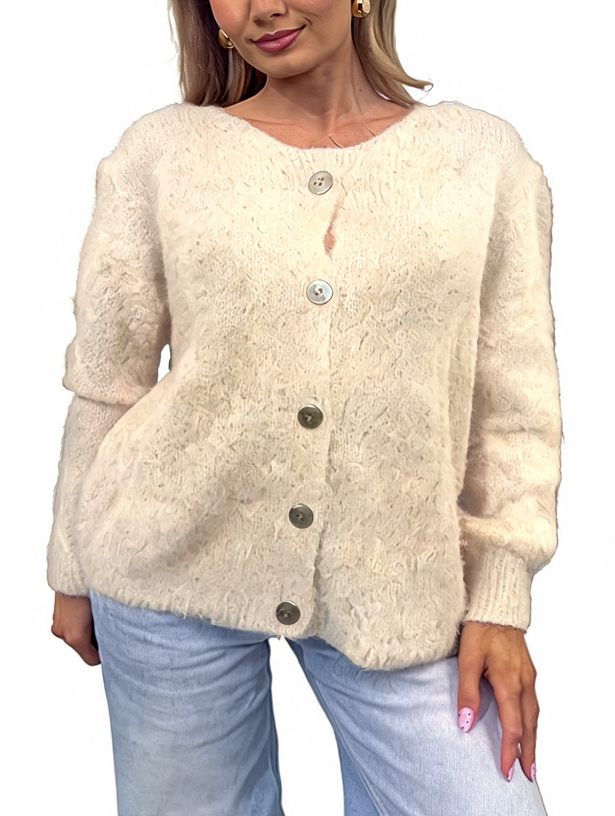 Fluffy Textured Knit Button-Up Relaxed Fit Chunky Cardigan
