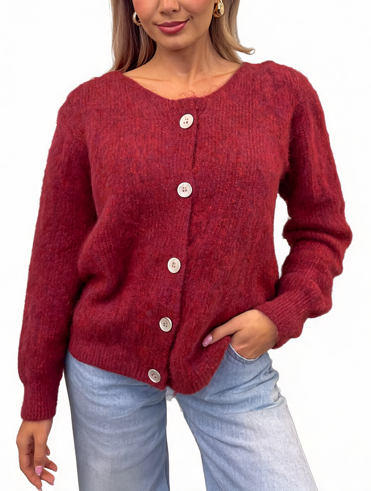 Fluffy Textured Knit Button-Up Relaxed Fit Chunky Cardigan