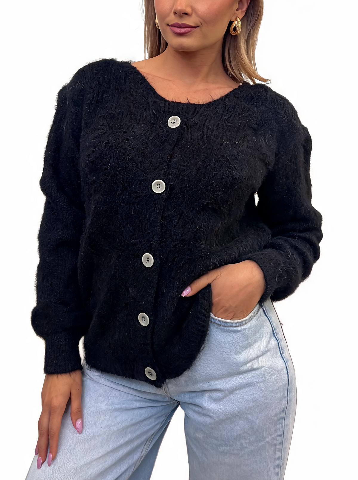 Fluffy Textured Knit Button-Up Relaxed Fit Chunky Cardigan