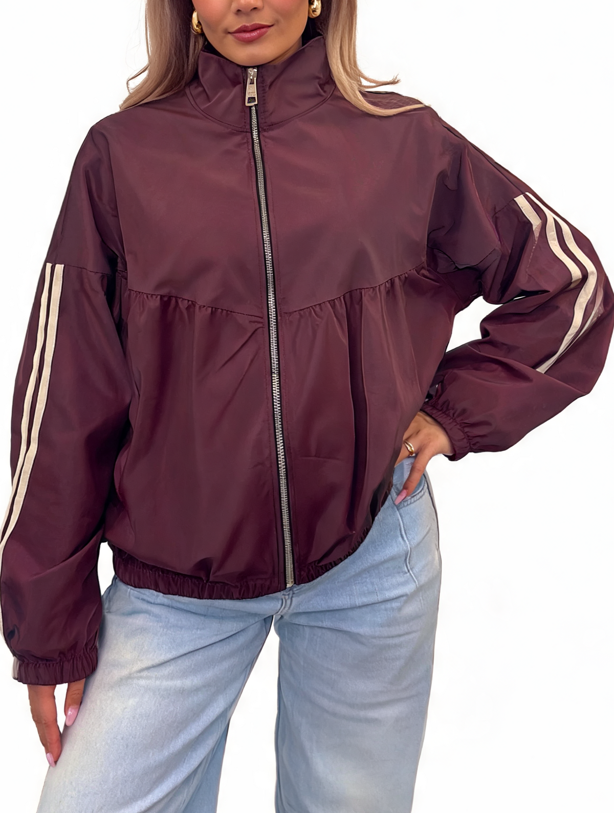 Oversized Gathered Zip-Up Lightweight Funnel Neck Track Jacket with Side Stripe
