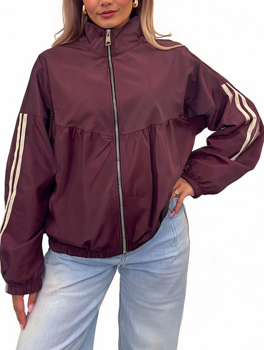 Oversized Gathered Zip-Up Lightweight Funnel Neck Track Jacket with Side Stripe