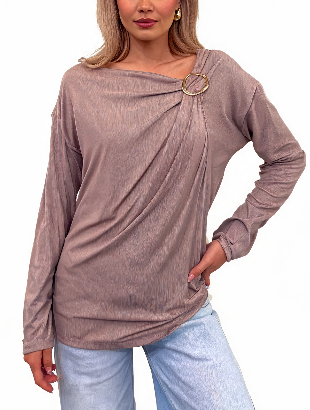 Asymmetric Draped Long Sleeve Top with Gold Ring Detail and Dropped Shoulders