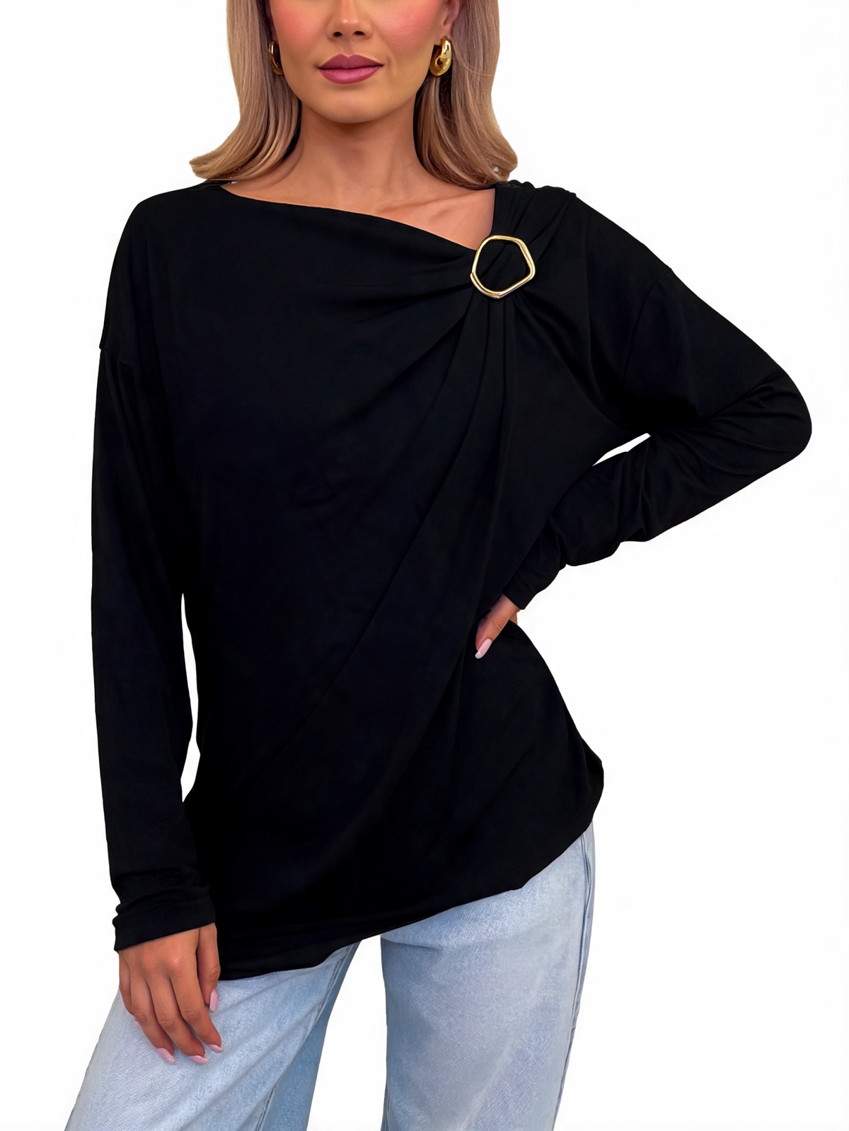 Asymmetric Draped Long Sleeve Top with Gold Ring Detail and Dropped Shoulders