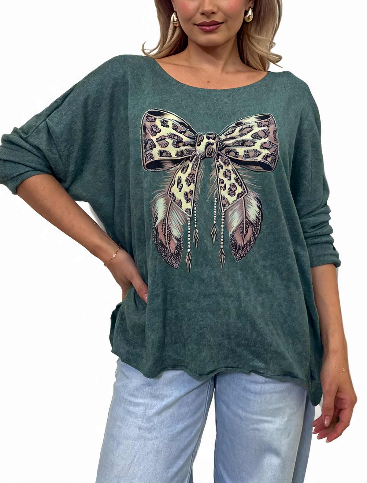 Leopard Print Bow Graphic Relaxed Batwing Sleeve Tee with Feather and Bead Detail