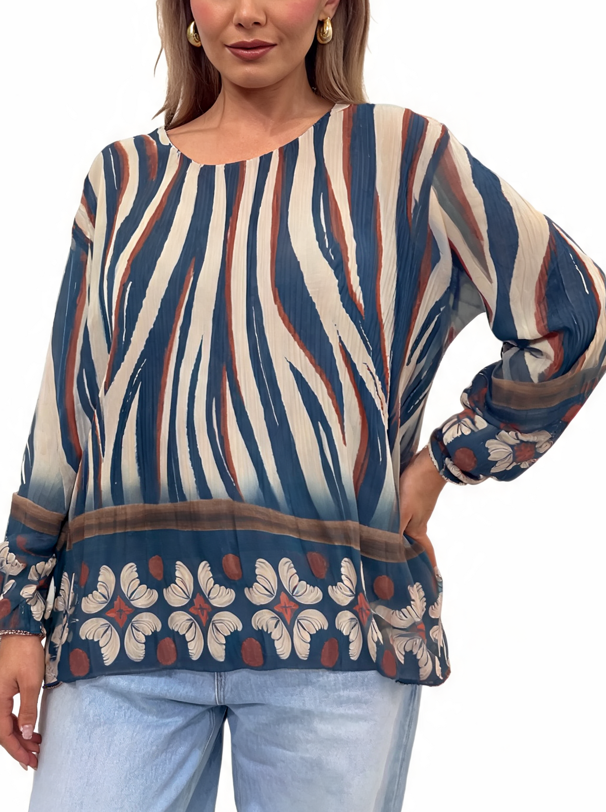 Pleated Abstract Print Tunic Floaty Long Sleeve Top with Floral Border Hem and Elasticated Cuffs