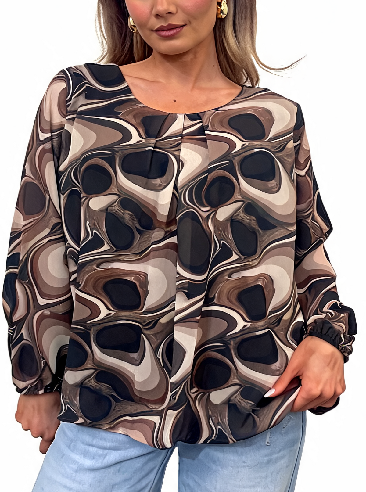 Abstract Swirl Print Pleated Front Blouse with Elasticated Cuffs and Bubble Hem