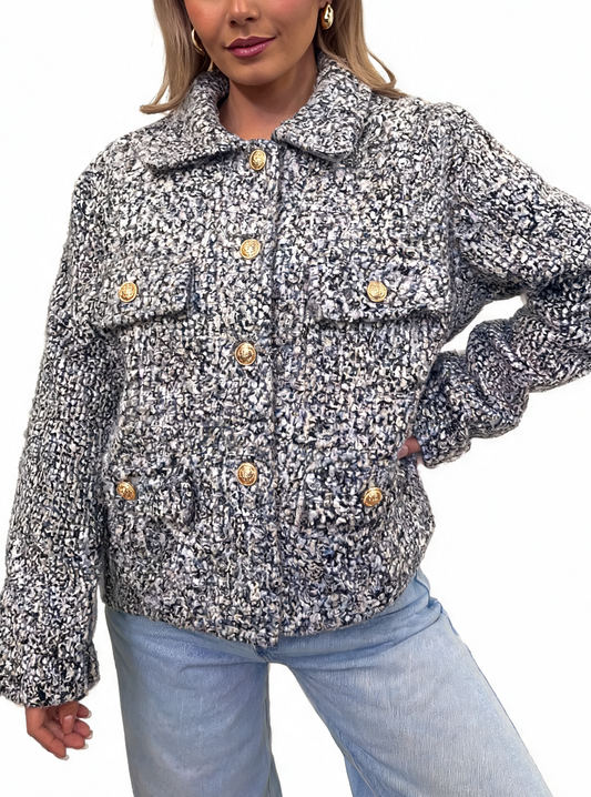 Textured Bouclé Button-Up Jacket with Gold-Tone Buttons
