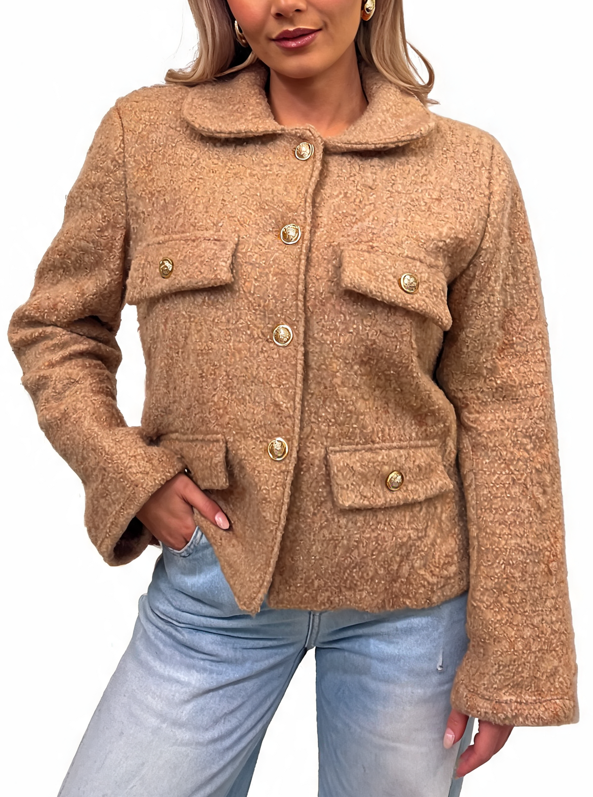 Textured Bouclé Button-Up Jacket with Gold-Tone Buttons