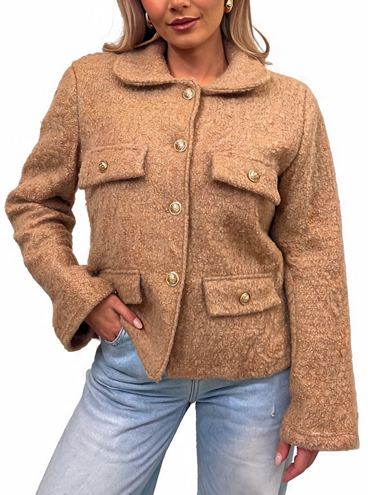 Textured Bouclé Button-Up Jacket with Gold-Tone Buttons