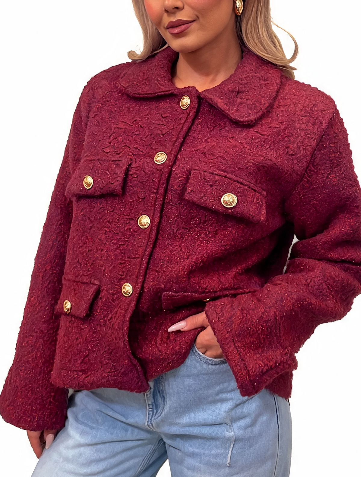 Textured Bouclé Button-Up Jacket with Gold-Tone Buttons