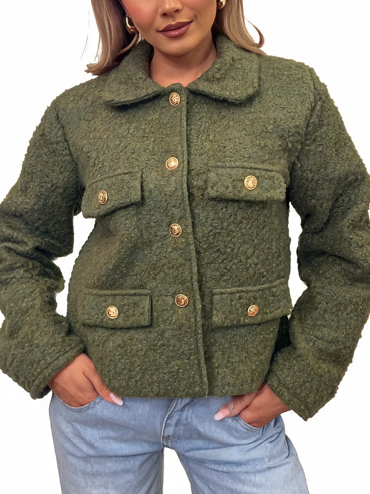 Textured Bouclé Button-Up Jacket with Gold-Tone Buttons
