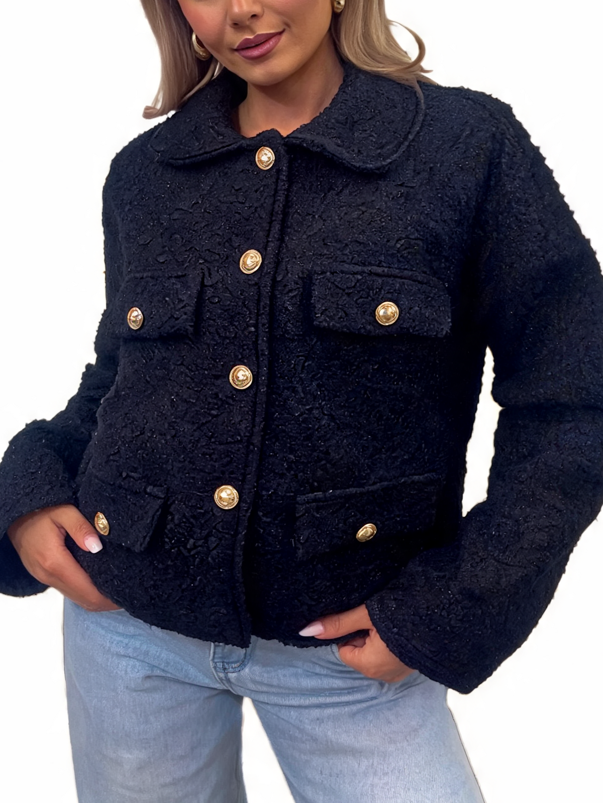 Textured Bouclé Button-Up Jacket with Gold-Tone Buttons