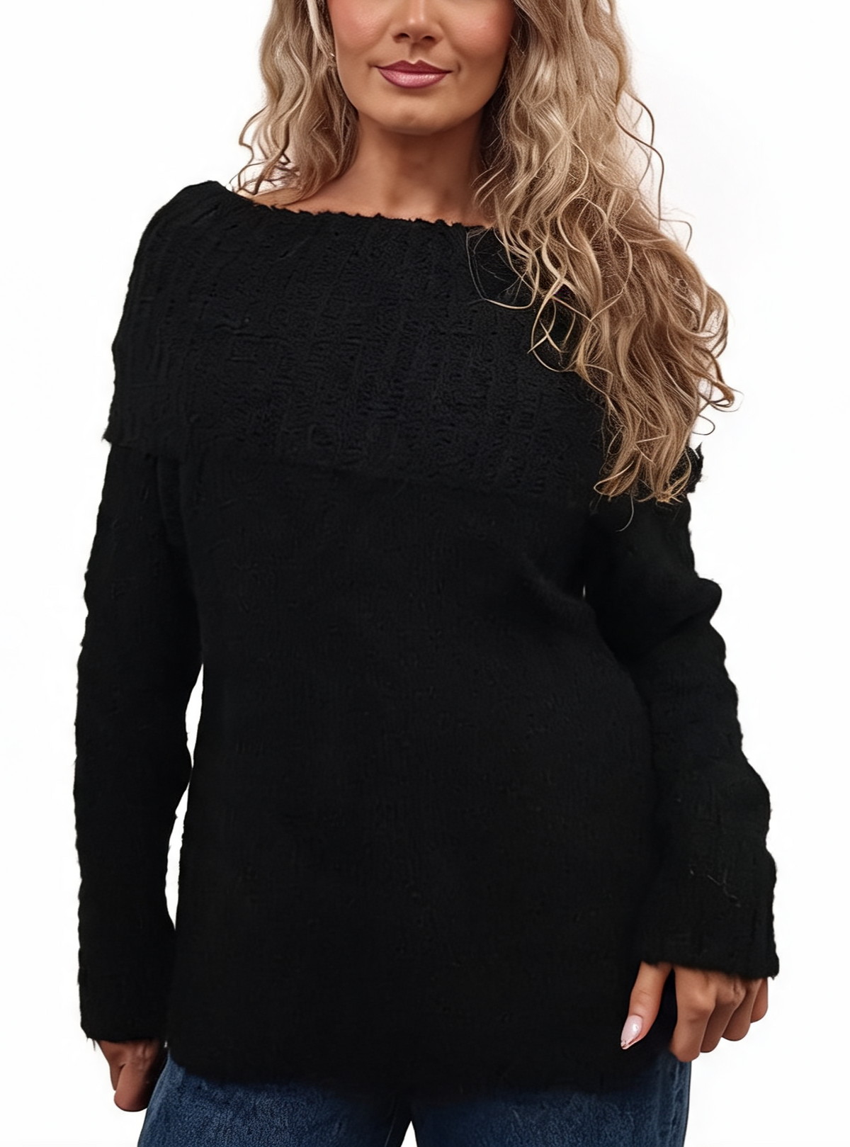 Black fluffy knit off-shoulder jumper with foldover bardot neckline