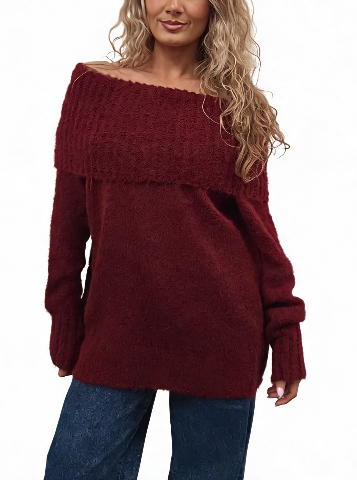 Burgundy fluffy knit off-shoulder jumper with foldover bardot neckline