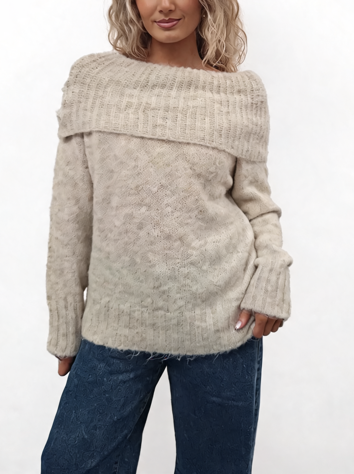 Beige fluffy knit off-shoulder jumper with foldover bardot neckline