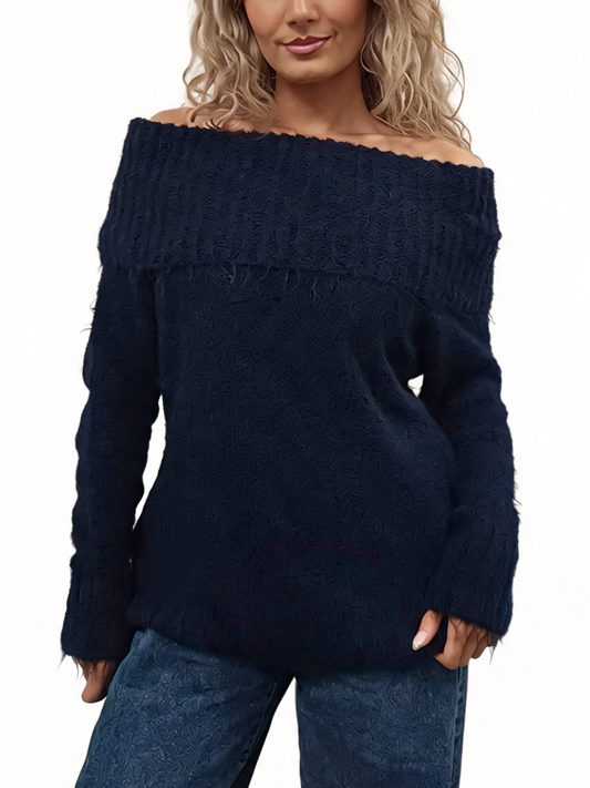 Navy fluffy knit off-shoulder jumper with foldover bardot neckline