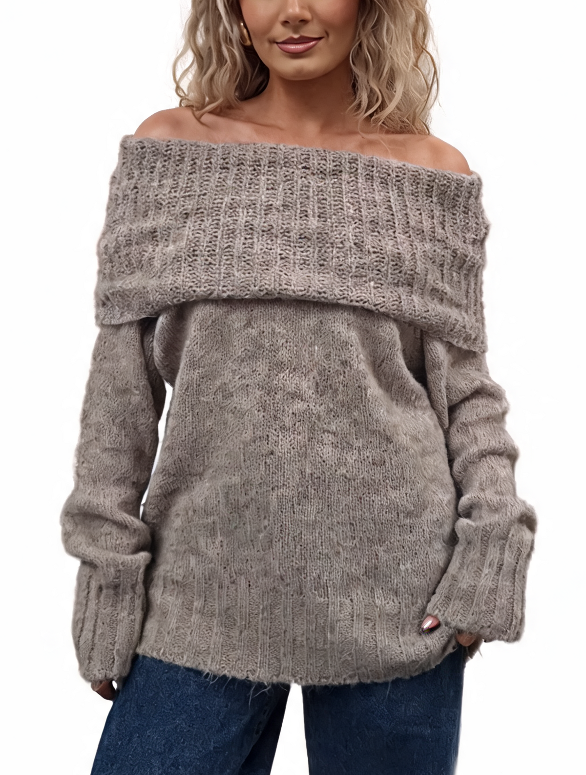 Taupe fluffy knit off-shoulder jumper with foldover bardot neckline