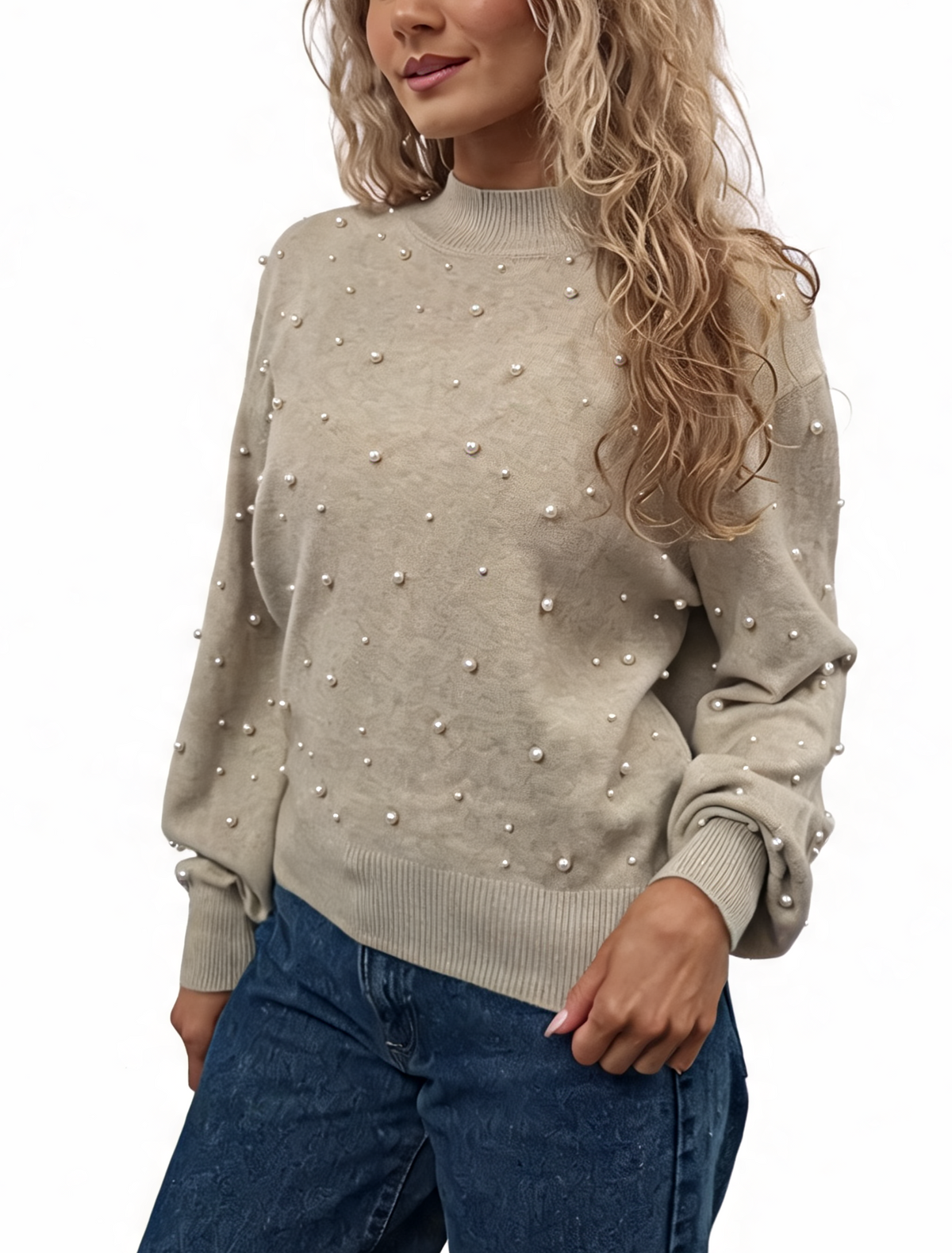 Pearl-embellished fine-knit jumper with mock neck and balloon sleeves, beige