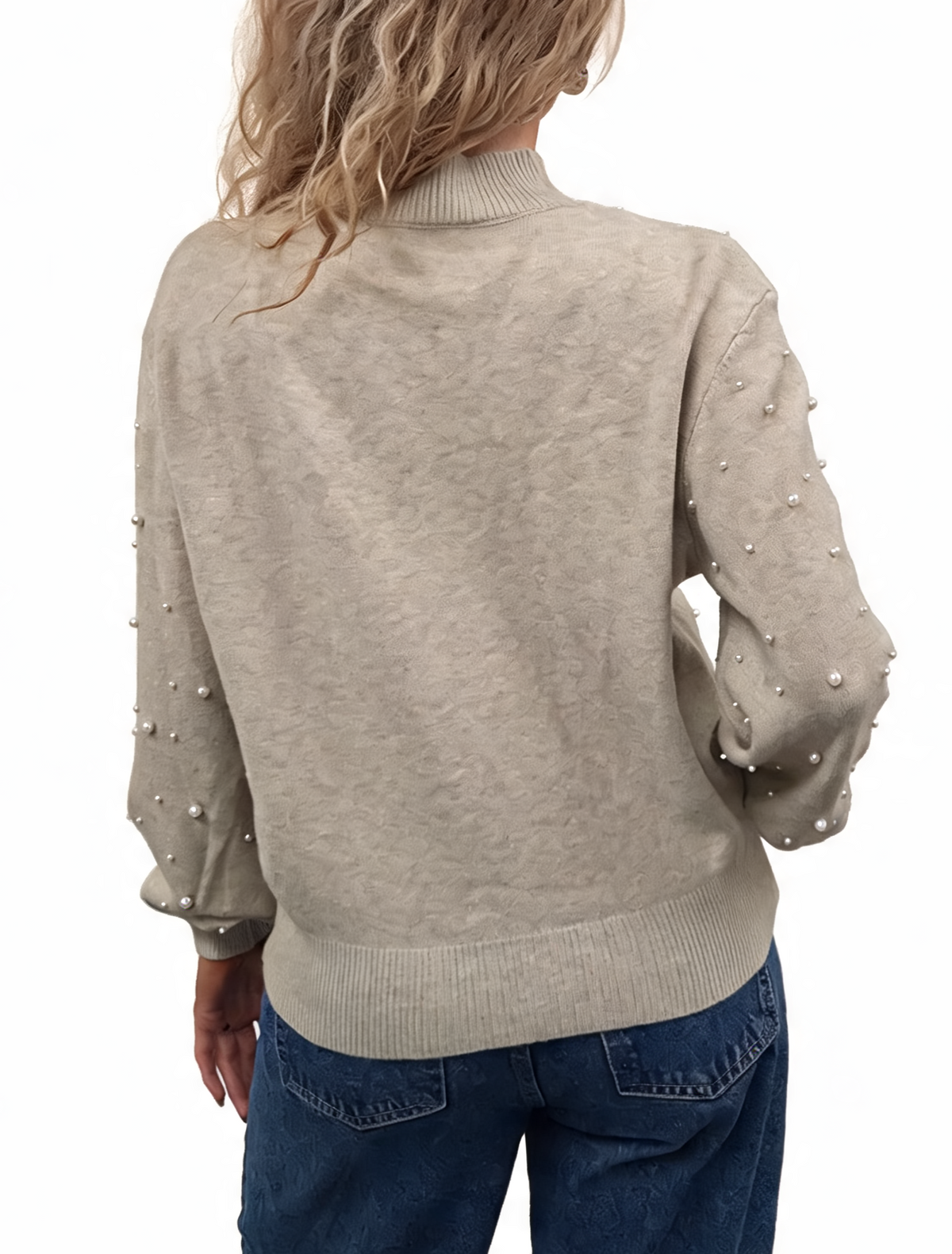 Pearl-embellished knit jumper with mock neck and balloon sleeves, beige, back view
