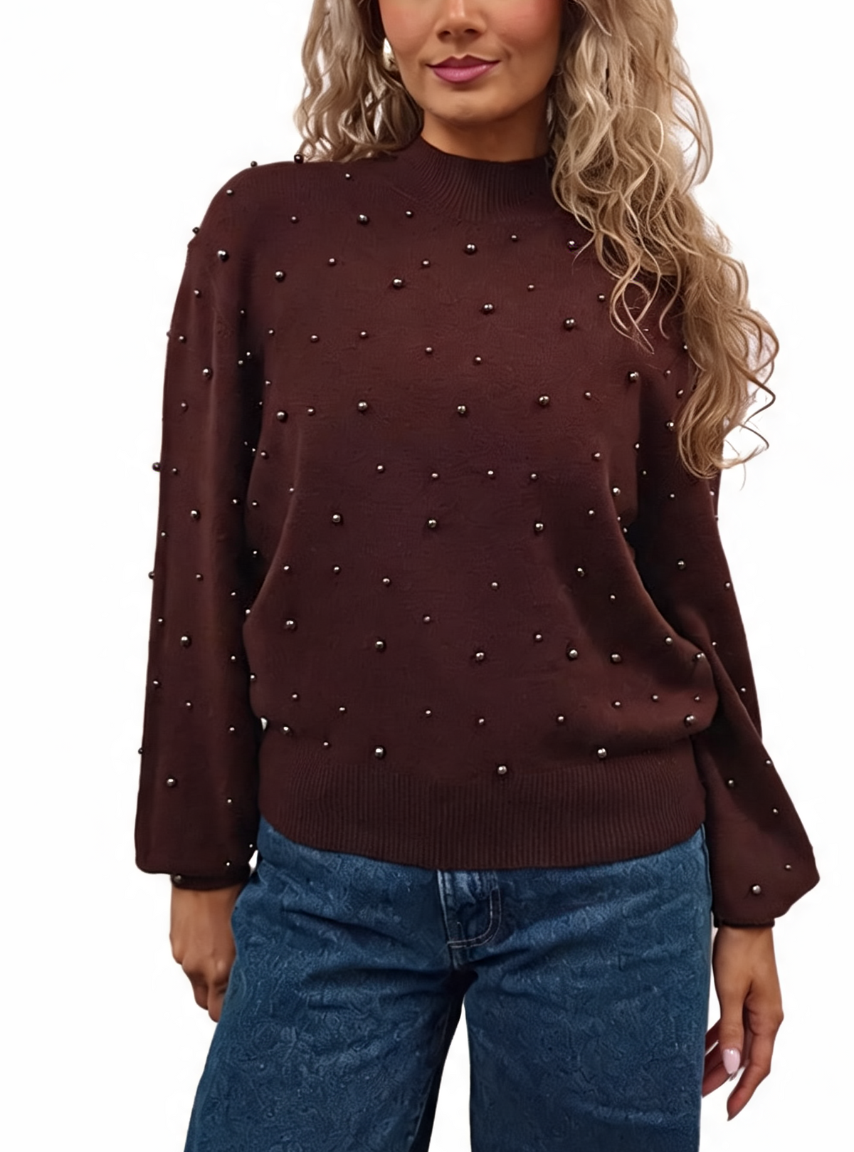 Pearl-embellished fine-knit jumper with mock neck and balloon sleeves, burgundy