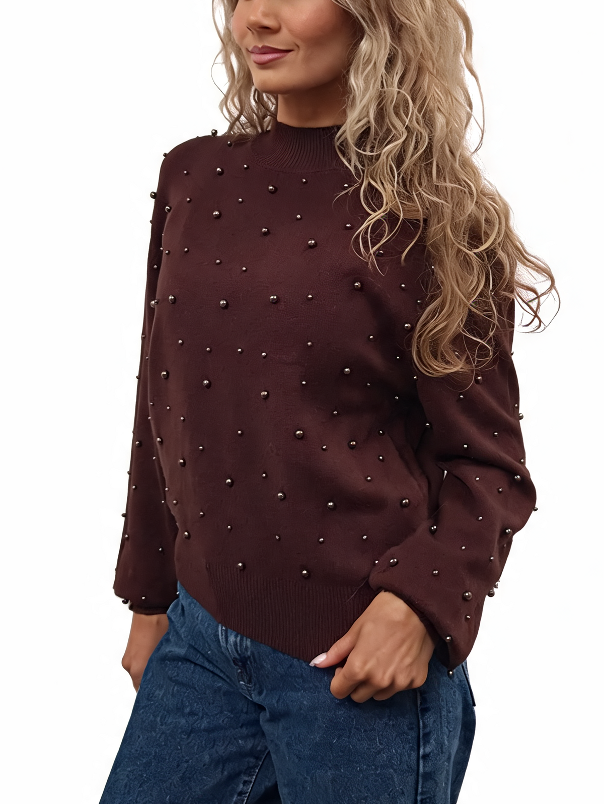 Burgundy pearl-embellished knit jumper with mock neck and balloon sleeves