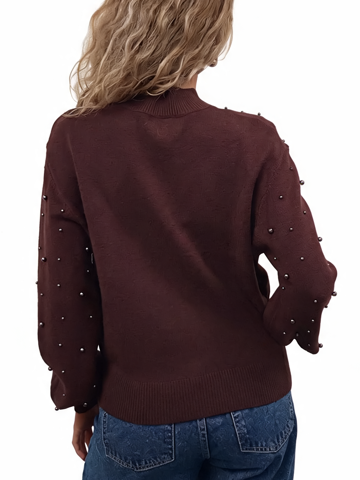 Burgundy pearl-embellished knit jumper from back, mock neck, balloon sleeves
