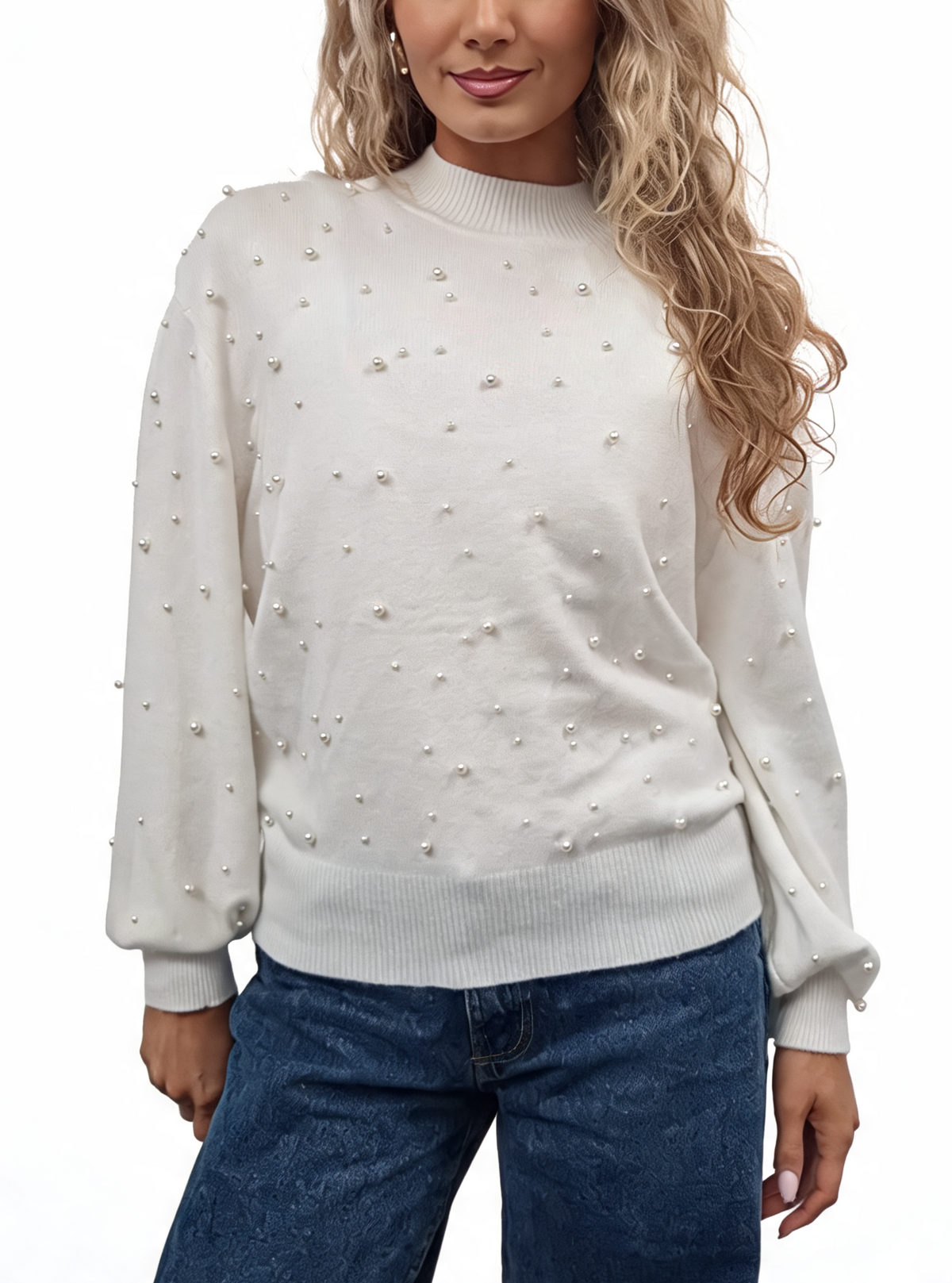 Pearl-embellished fine-knit jumper with mock neck and balloon sleeves, white