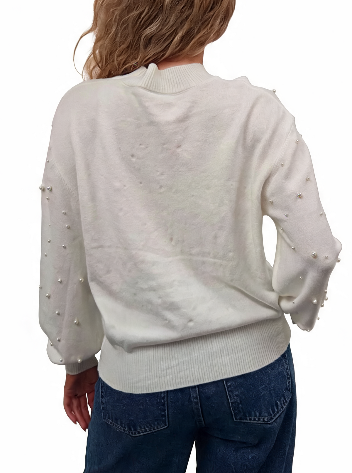White pearl-embellished knit jumper from back with balloon sleeves and mock neck
