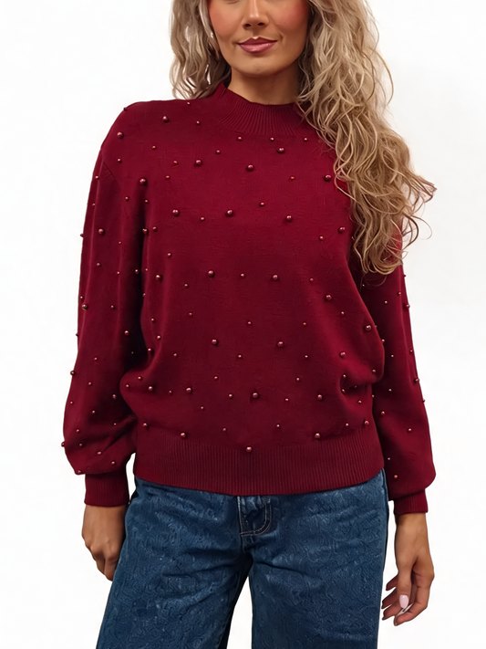 Pearl Embellished Fine-Knit Jumper with Mock Neck and Balloon Sleeves